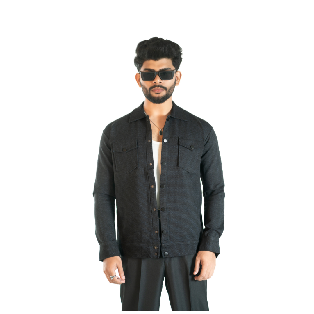 Men’s Snap Button Shirt Winter Jacket – Jet Black