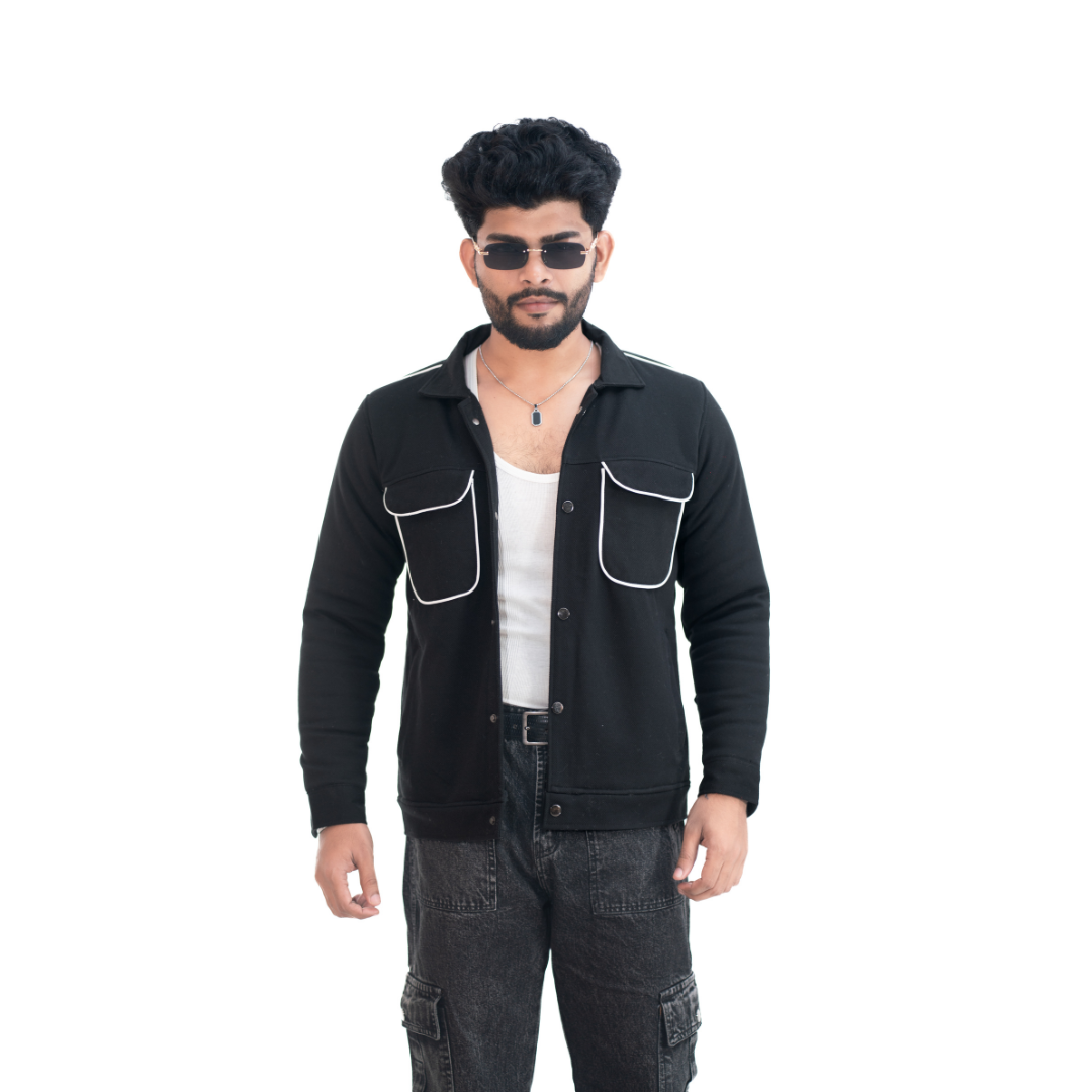 Men’s Black Snap Button Shirt Jacket – Contrast Pocket Piping