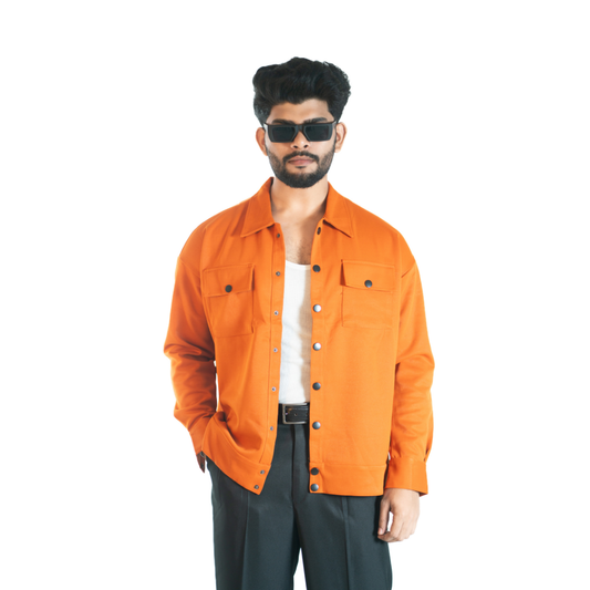 Man wearing an orange jacket with a white background