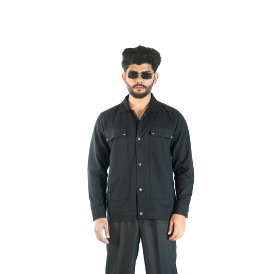 Men’s Snap Button Shirt Winter Jacket – Jet Black