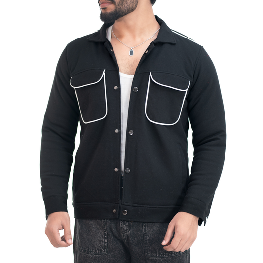 Black jacket with white accents worn by a person on a white background