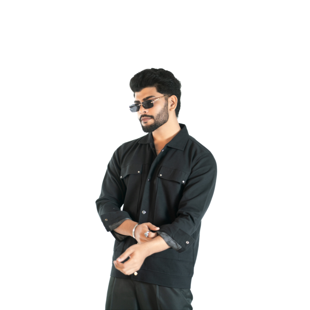 Men’s Snap Button Shirt Winter Jacket – Jet Black