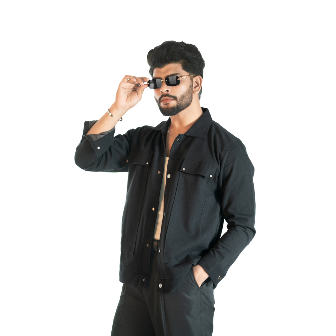 Men’s Snap Button Shirt Winter Jacket – Jet Black