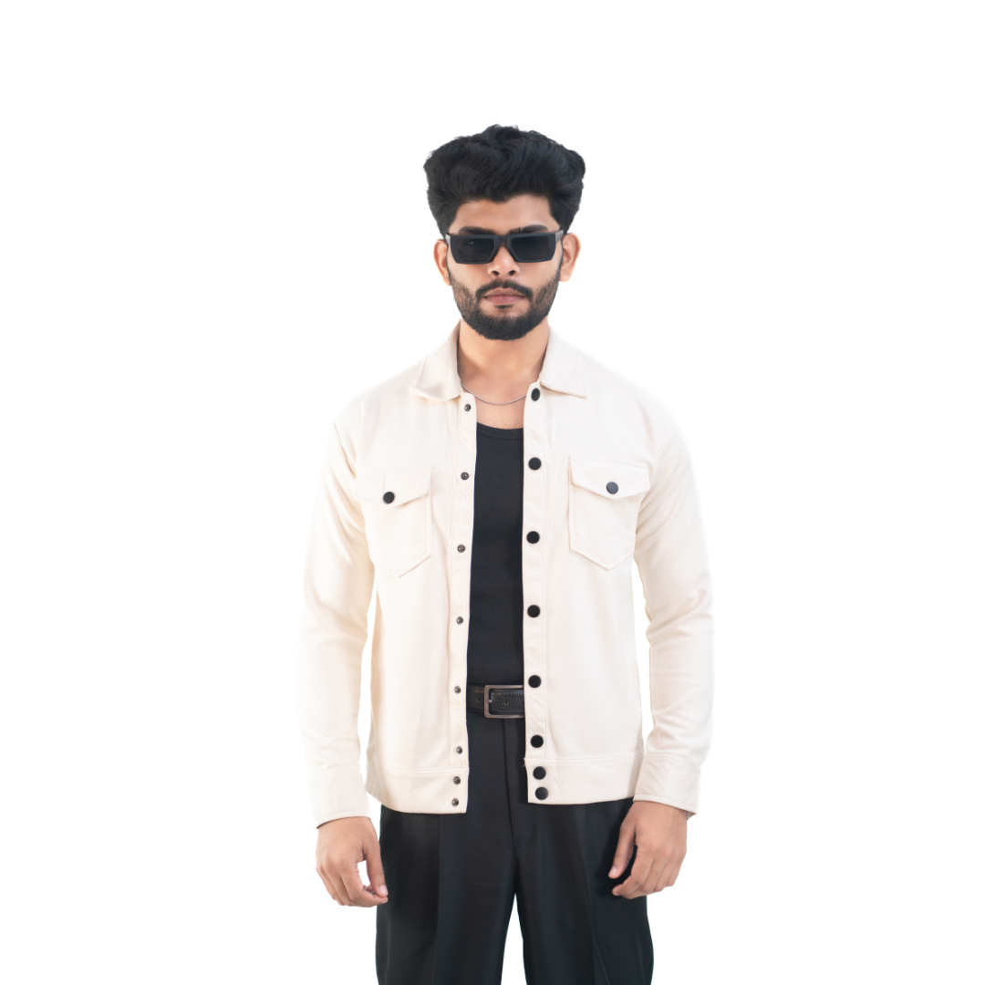 Men’s Snap Button Shirt Jacket – Ivory White