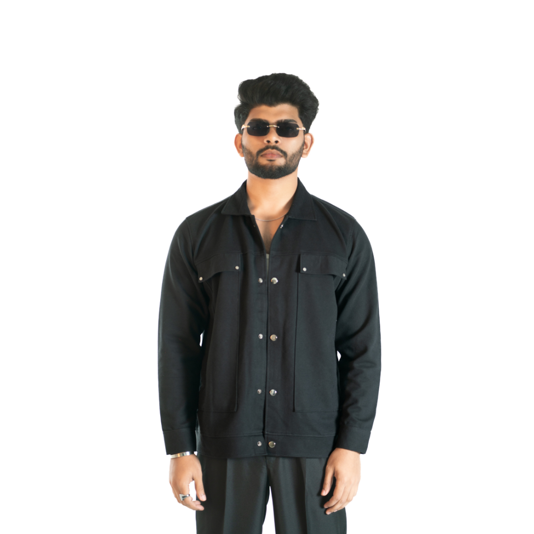 Men’s Snap Button Shirt Winter Jacket – Jet Black
