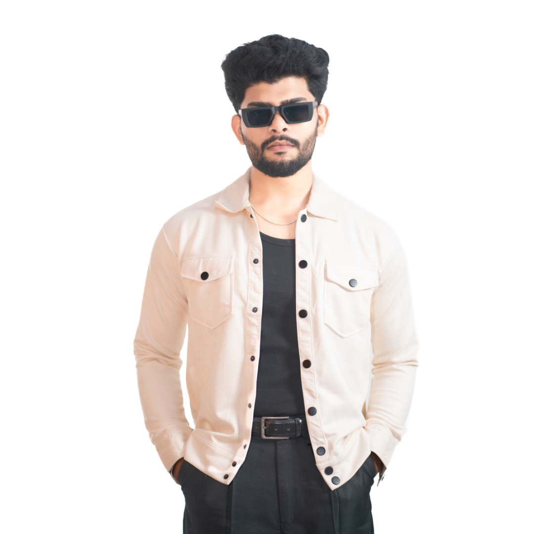Men’s Snap Button Shirt Jacket – Ivory White