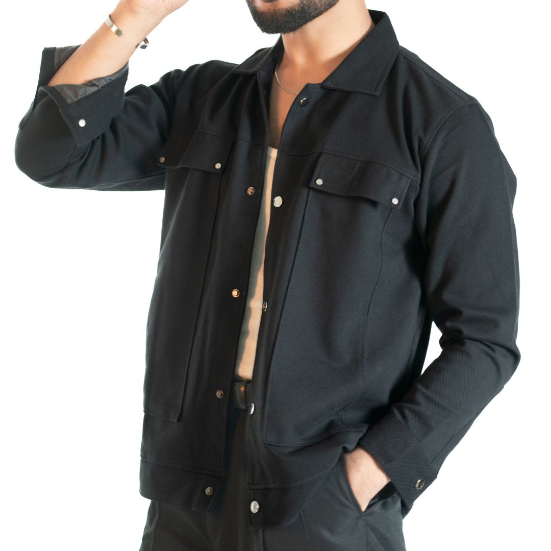 Men’s Snap Button Shirt Winter Jacket – Jet Black
