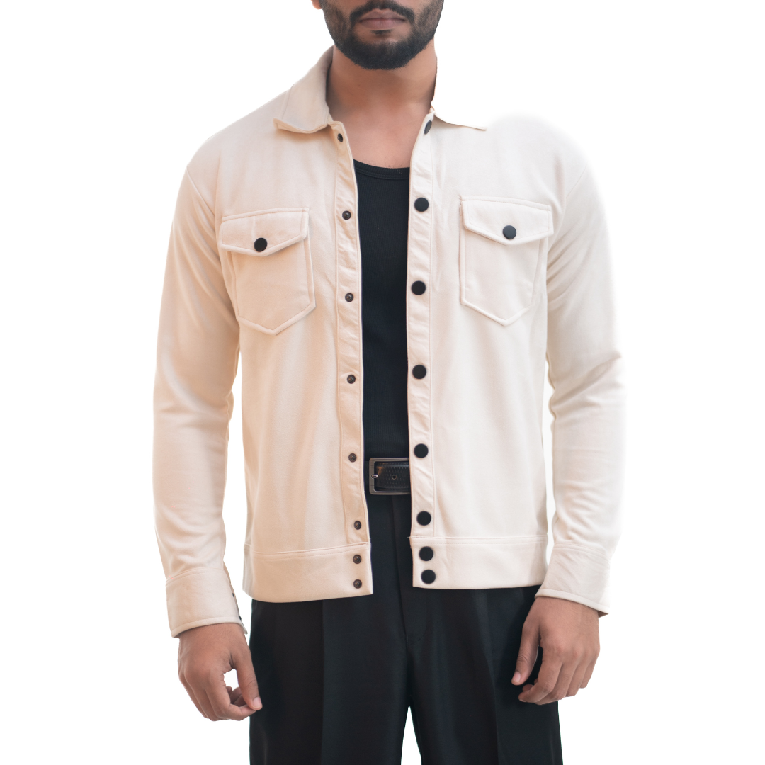 Men’s Snap Button Shirt Jacket – Ivory White