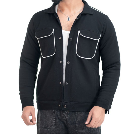 Men’s Black Snap Button Shirt Jacket – Contrast Pocket Piping