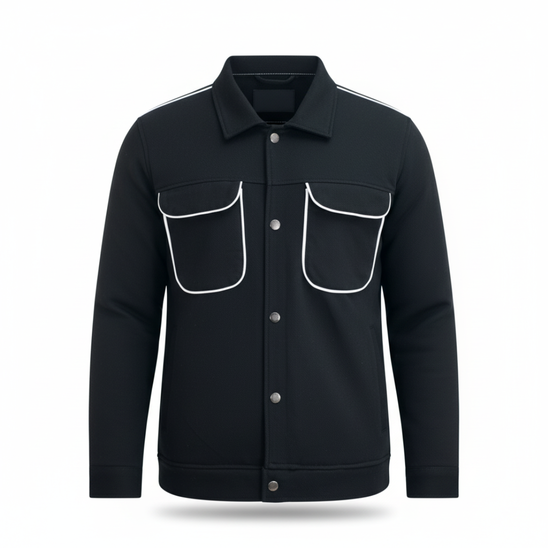 Men’s Black Snap Button Shirt Jacket – Contrast Pocket Piping
