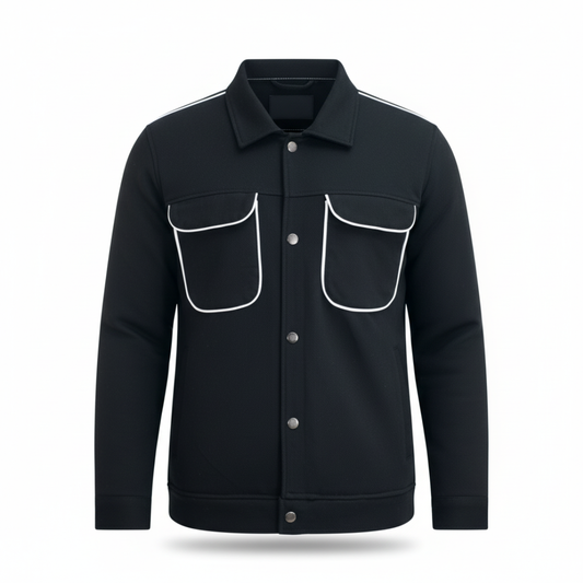 Men’s Black Snap Button Shirt Jacket – Contrast Pocket Piping